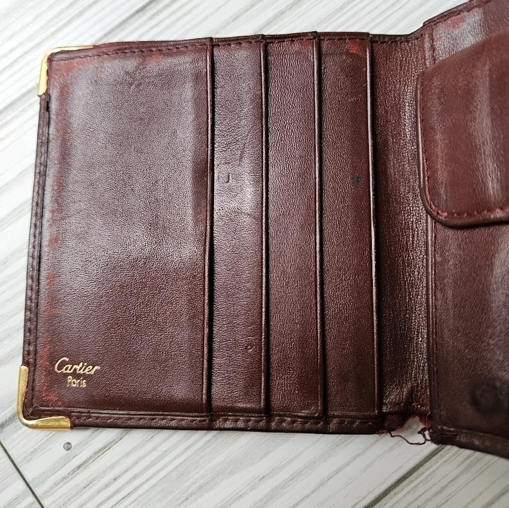 Cartier Vintage Must De Bi Fold Wallet with Coin Pouch in Burgundy Leather